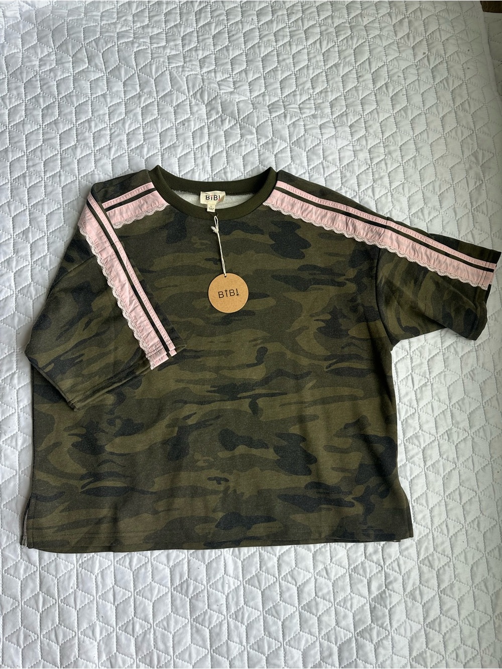 BiBi Olive Green Camo Tee with Pink Trim